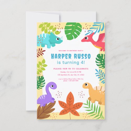 Colorful Cute Dino Birthday Party  Invitation