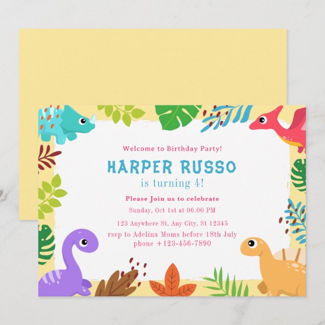 Colorful Cute Dino Illustration Birthday Party  Invitation (Front/Back)