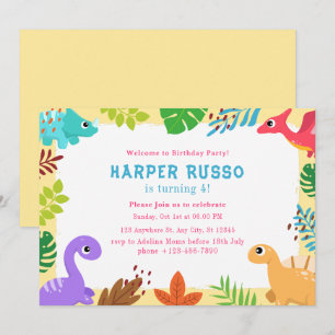 Colorful Cute Dino Illustration Birthday Party  Invitation