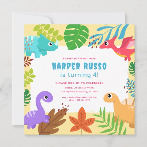 Colorful Cute Dino Illustration Birthday Party  Invitation