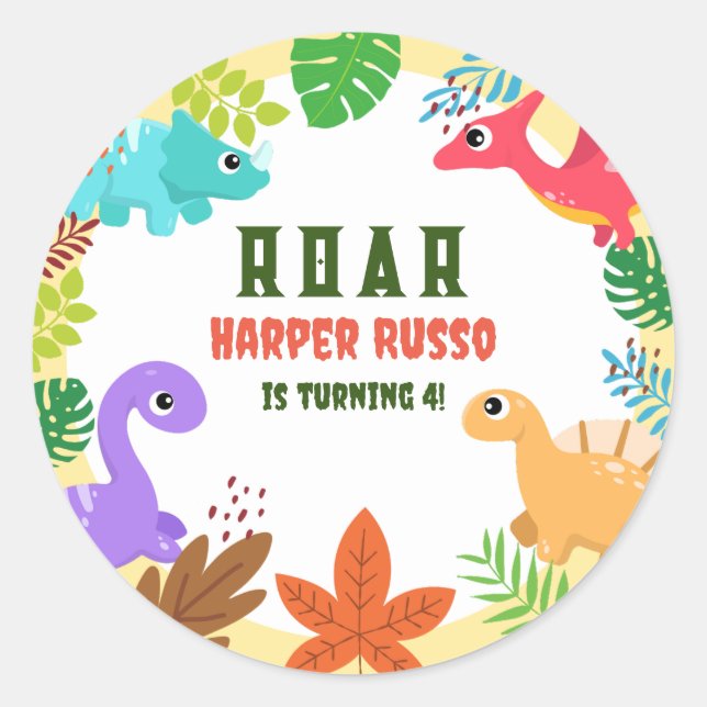 Colorful Cute Dino themed Birthday Party Classic Round Sticker (Front)