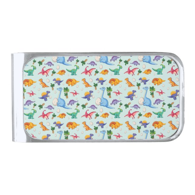 Colorful Cute Dinosaur Pattern Silver Finish Money Clip (Front)