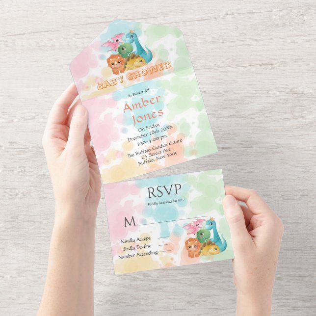 Colorful Cute Dinosaurs Baby Shower   All In One Invitation (Tearaway)