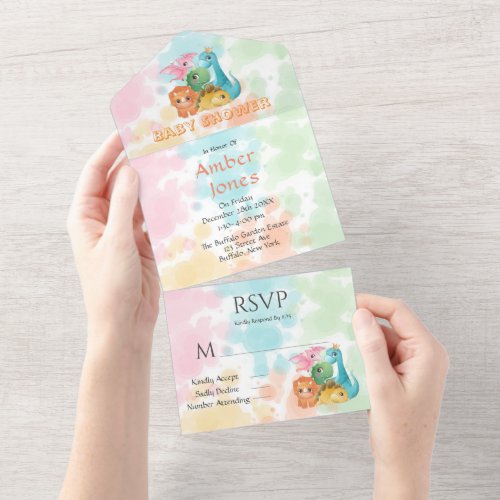 Colorful Cute Dinosaurs Baby Shower   All In One Invitation