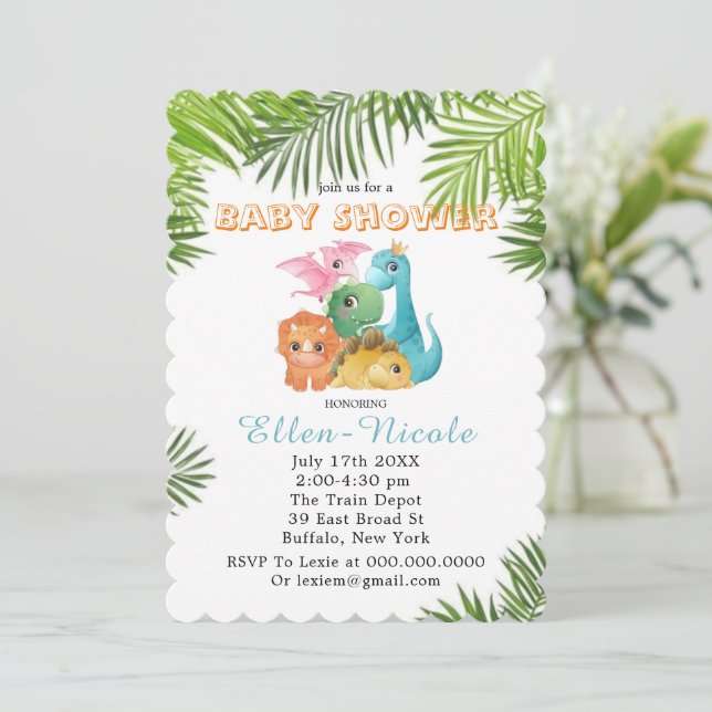 Colorful Cute Dinosaurs Baby Shower Invitations  (Standing Front)