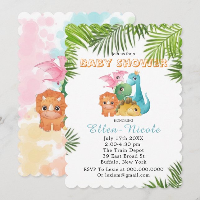 Colorful Cute Dinosaurs Baby Shower Invitations  (Front/Back)