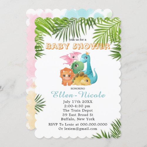 Colorful Cute Dinosaurs Baby Shower Invitations 