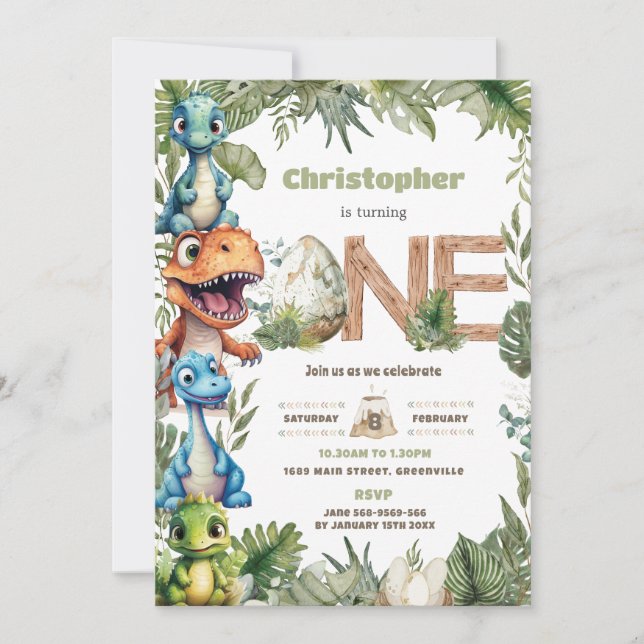 Colorful Cute Dinosaurs Greenery 1st Birthday One Invitation (Front)