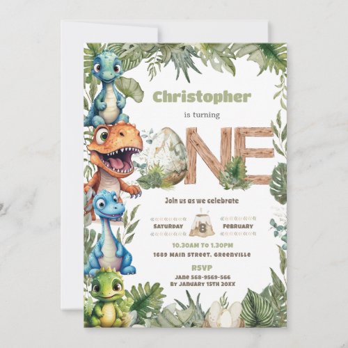 Colorful Cute Dinosaurs Greenery 1st Birthday One Invitation