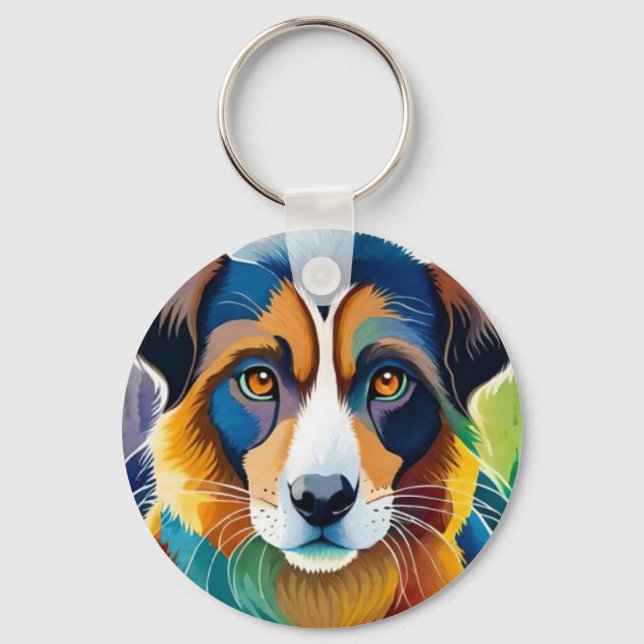 Colorful cute dog portrait close up keychain (Front)