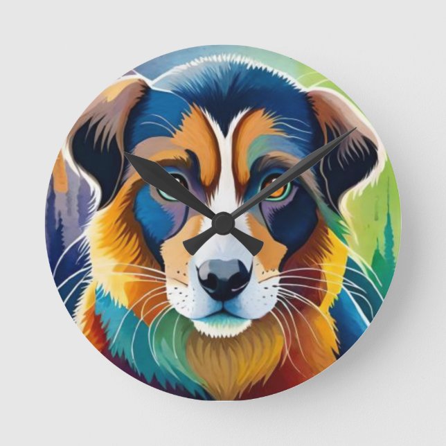 Colorful cute dog portrait close up round clock (Front)