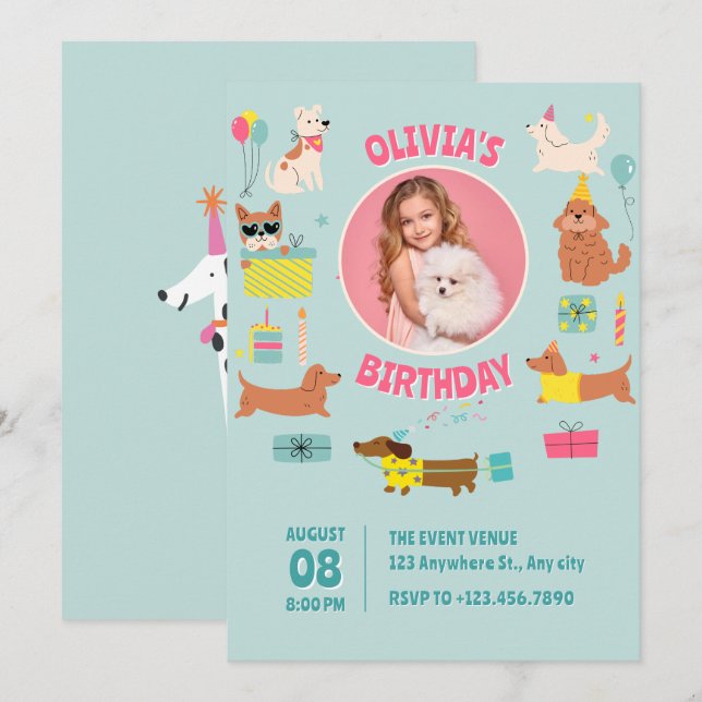 Colorful Cute Dogs photo Birthday Invitation (Front/Back)