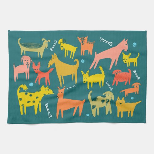 Colorful Cute Dogs Puppies Deep Green Kitchen Towel