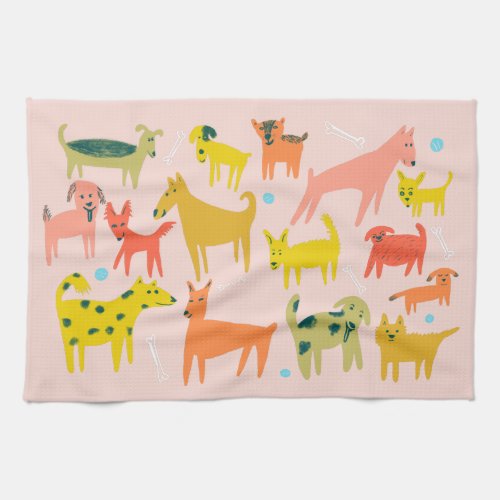 Colorful Cute Dogs Puppies Pink Kitchen Towel