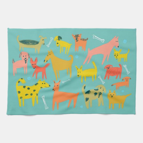 Colorful Cute Dogs Puppies Teal Kitchen Towel