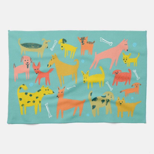 Colorful Cute Dogs Puppies Teal Kitchen Towel (Horizontal)