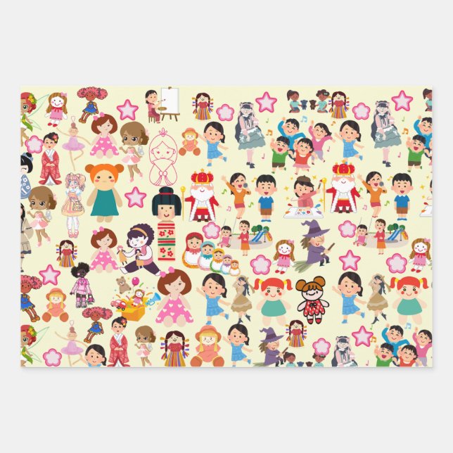 Colorful Cute Dolls and Children Gift Wrap (Front)
