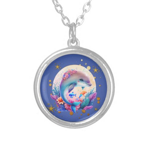 Colorful Cute Dolphin and golden star Silver Plated Necklace