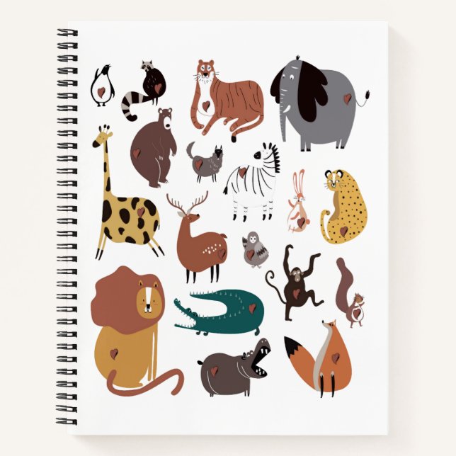 Colorful cute doodle cartoon set of Wild animals . Notebook (Front)