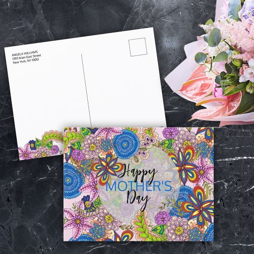 Colorful Cute Doodle Flowers Mothers Day Postcard