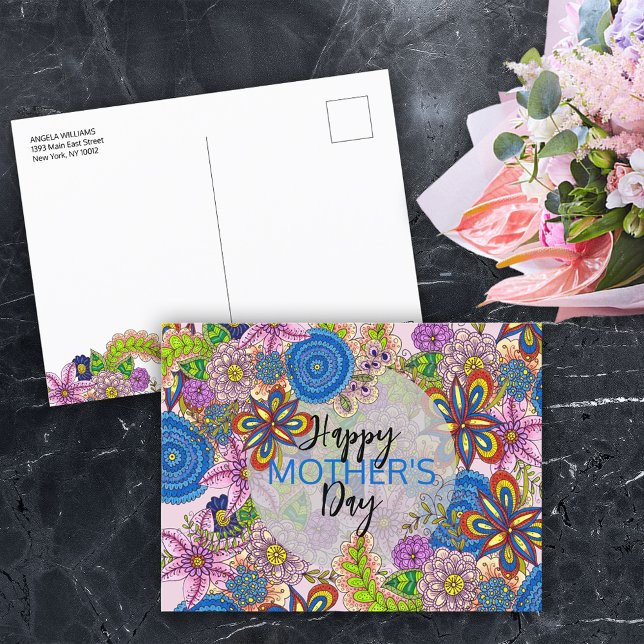 Colorful Cute Doodle Flowers Mother's Day Postcard (Creator Uploaded)