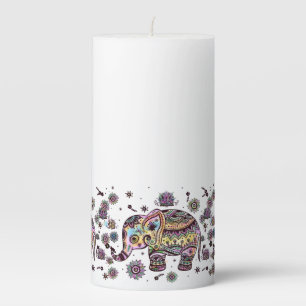 Colorful Cute Elephant Flowers Illustration Pillar Candle
