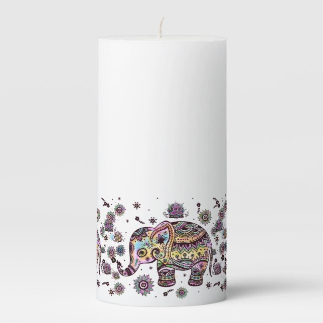 Colorful Cute Elephant Flowers Illustration Pillar Candle (Front)