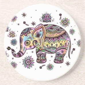 Colorful Cute Elephant On Gray Marble Stone Drink Coaster