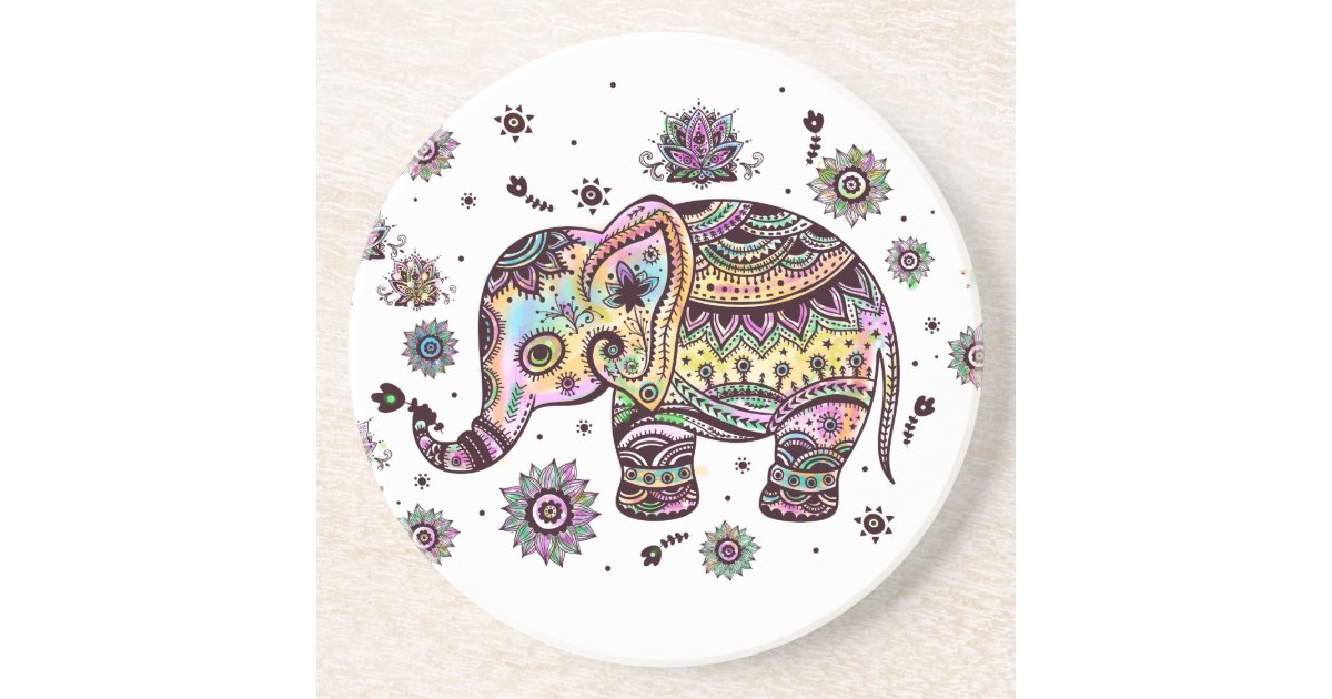 Colorful Cute Elephant On Gray Marble Stone Drink Coaster | Zazzle
