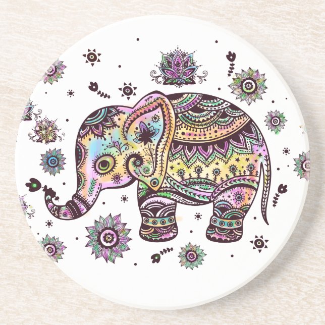 Colorful Cute Elephant On Gray Marble Stone Drink Coaster (Front)