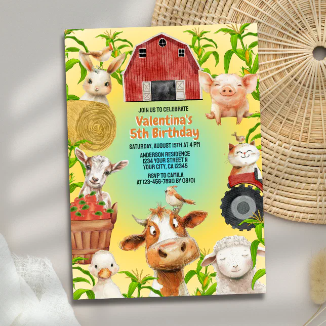 Colorful Cute Farm Animals Barnyard Kids Birthday Invitation | Zazzle