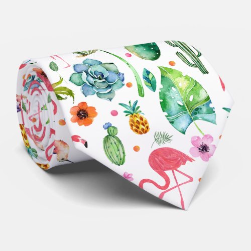 Colorful Cute Flamingos  Tropical Flowers  Leafs Tie
