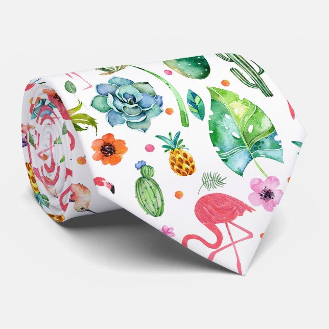 Colorful Cute Flamingos & Tropical Flowers & Leafs Tie (Rolled)