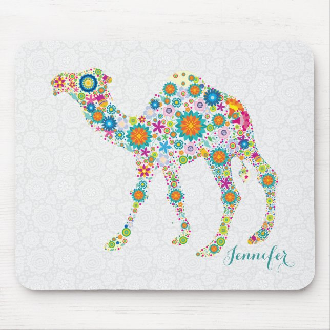Colorful Cute Floral Camel & White Damasks Mouse Pad (Front)