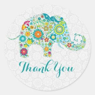 Colorful Cute Floral Elephant Thank You Classic Round Sticker
