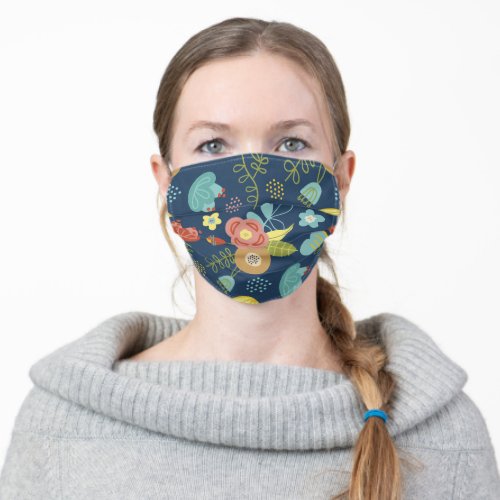 Colorful Cute Floral Pattern Dark Blue Adult Cloth Face Mask