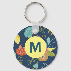 Colorful Cute Floral Pattern Dark Blue Monogram Keychain