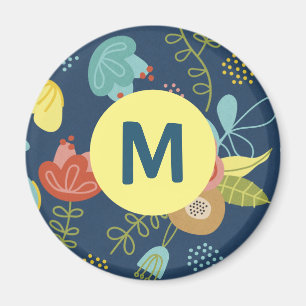 Colorful Cute Floral Pattern Dark Blue Monogram Magnet