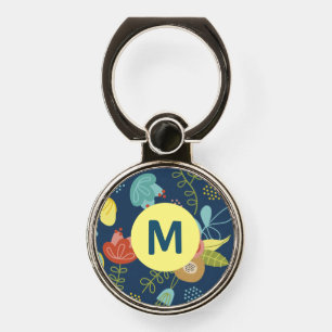 Colorful Cute Floral Pattern Dark Blue Monogram Phone Ring Stand