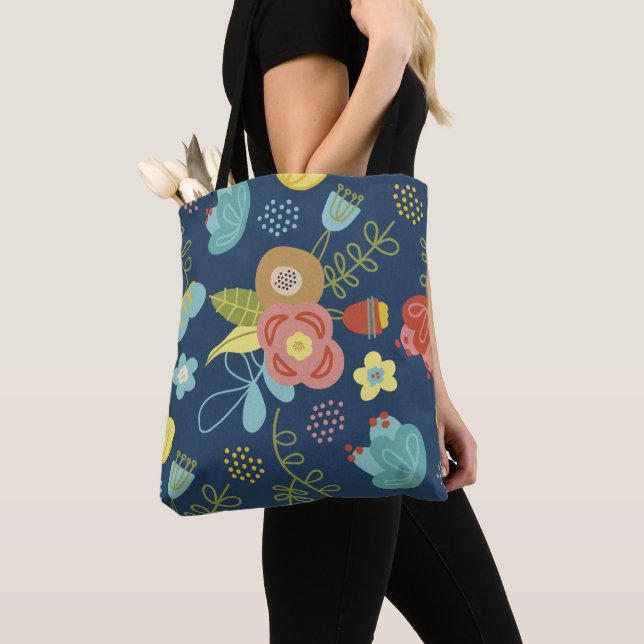 Colorful Cute Floral Pattern Dark Blue Tote Bag (Close Up)