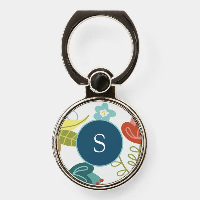 Colorful Cute Floral Pattern Monogram Phone Ring Stand (Front)