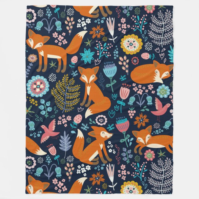 Colorful Cute Flowers & Foxes Pattern Fleece Blanket (Front)