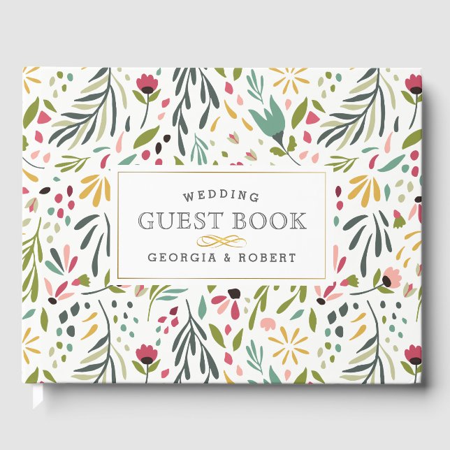 Colorful Cute Flowers & Leafs Pattern Guest Book (Front)