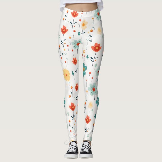 Colorful Cute Flowers Pattern Leggings (Front)