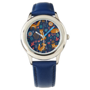 Colorful Cute Foxes & Flowers Illustration Watch