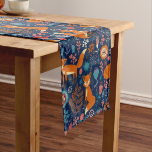 Colorful Cute Foxes Flowers Pattern Medium Table Runner