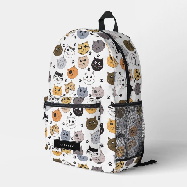 Colorful Cute Funny Cats & Paw Custom Name Printed Backpack (Back Corner Right)