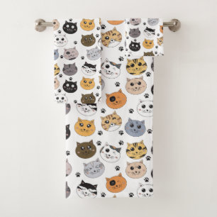 Colorful Cute Funny Cats & Paw Pattern Bath Towel Set