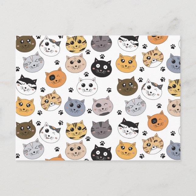 Colorful Cute Funny Cats & Paw Pattern Holiday Postcard (Front)