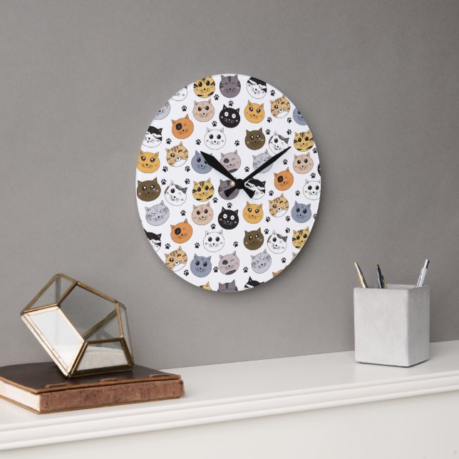 Colorful Cute Funny Cats & Paw Pattern Large Clock (Office)